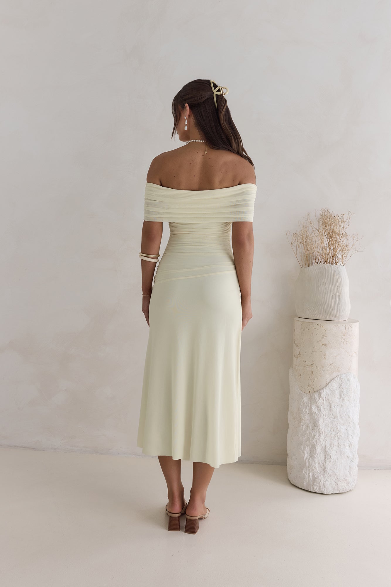 Santorini Strolls Off Shoulder Midi Dress Yellow