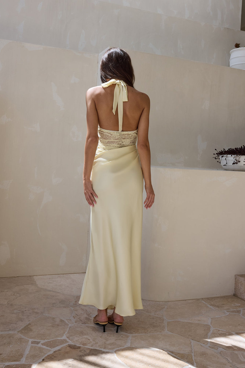 Call Me Yours Lace Halter Satin Maxi Dress Lemon