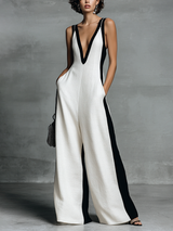 Women's Stylish Black And White Color-blocked Jumpsuit With Thin Straps MDZ0528B0BA