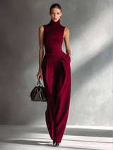 Women's Sleek Cotton-Linen Blend Burgundy Sleeveless Turtleneck Wide-Leg Jumpsuit MDA2292L5AU