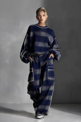 Fashion Street-Style Blue And Gray Plaid Color-Block Loose Top and Wide-Leg Pants Set