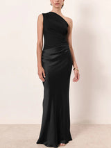 Elegant One Shoulder Neck Pleated Party Maxi Dress