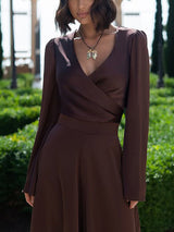 Elegant Satin Tie-neck Short Shirt With Trumpet Sleeves