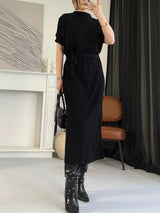 Minimalist Crew Neck Belted Midi Dress