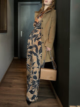 Unique Satin Leaf Print Pleated Elastic Waist High Waist Wide Leg Pants