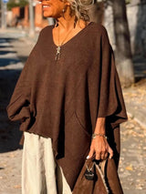 Classic Fashion V-neck Loose Pocket Mid-length Knitted Sweater