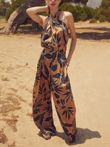 Unique Satin Leaf Print Pleated Elastic Waist High Waist Wide Leg Pants