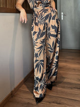 Unique Satin Leaf Print Pleated Elastic Waist High Waist Wide Leg Pants
