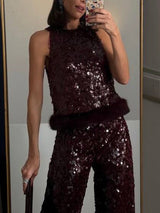 Exquisite Sequined Fuzzy Hem Tank Top