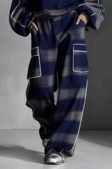 Fashion Street-Style Blue And Gray Plaid Color-Block Loose Top and Wide-Leg Pants Set