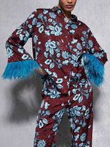 Retro Floral Print Satin Feather Sleeve Shirt