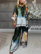 Unique Satin Roman Print Batwing Sleeve Button Shirt