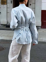 Minimalist Stand-up Collar Ribbon Back Lace-up Shirt and Wide Leg Pants Set-Pants