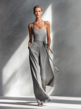 Women's Minimalist Linen Blend Gray Spaghetti-Strap Square-Neck Tie-Waist Wide-Leg Jumpsuit MDA2666L5AU