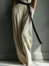 Women's Beige Sleeveless Blazer Jumpsuit With Contrast Black Lapel & Self-Tie Belt MDZ1047B3T