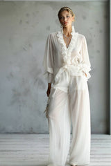 Lace Long Sleeve Shirt And Wide Leg Pants Set