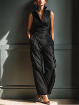 Women's Black Cotton And Linen Blend Sleeveless Collared Jumpsuit With Cargo Pockets MDZ0908A3T