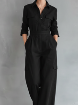 Women's Elegant Black Cotton-linen Blend Long-sleeved Shirt Collar Jumpsuit MDZ1016B0AN