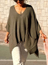 Classic Fashion V-neck Loose Pocket Mid-length Knitted Sweater