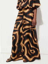 Unique Swirl Print Satin Twill High-Waist Wide-Leg Pants