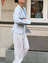 Minimalist Stand-up Collar Ribbon Back Lace-up Shirt and Wide Leg Pants Set-Pants