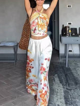 Vacation Style Floral Print Scarf Top And Wide Leg Pants Set-Pants
