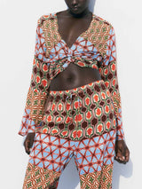 Retro Vitality Folk Style Printed Twisted Short Shirt