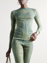 Artistic Abstract Print Sheer Knit Long-Sleeve Top