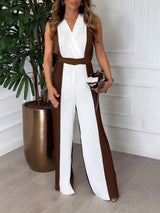Unique Contrast Color Stitching Pleated Elastic Waist Jumpsuit