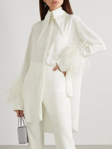 Elegant Satin Feather Trim Wide-Leg Pants