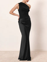 Elegant One Shoulder Neck Pleated Party Maxi Dress