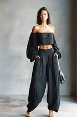 Off-Shoulder Short Top And Wide Leg Pants Set