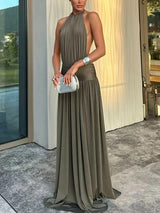 Sexy Open-back Pleated Low-waist Knitted Maxi Dress