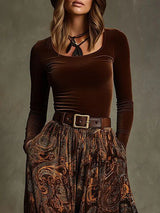 Retro Stretch Velvet Top And Paisley Print Maxi Skirt Set