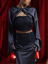 Elegant Satin Long-sleeved Crop Top And Skirt Two-piece Set