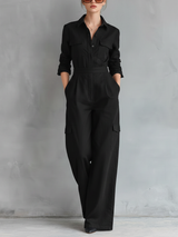Women's Elegant Black Cotton-linen Blend Long-sleeved Shirt Collar Jumpsuit MDZ1016B0AN