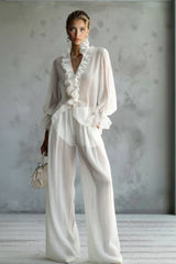 Lace Long Sleeve Shirt And Wide Leg Pants Set