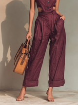 Women's Burgundy Linen Jumpsuit With Cutout Waist & Button Front, Timeless Modern-Edgy Style Jumpsuit MDZ0648B2I