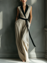 Women's Beige Sleeveless Blazer Jumpsuit With Contrast Black Lapel & Self-Tie Belt MDZ1047B3T