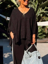 Classic Fashion V-neck Loose Pocket Mid-length Knitted Sweater