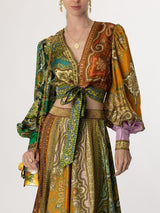Exquisite Bohemian Paisley Print Satin Tie-Front Blouse