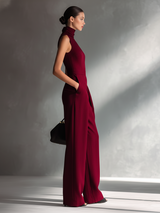 Women's Sleek Cotton-Linen Blend Burgundy Sleeveless Turtleneck Wide-Leg Jumpsuit MDA2292L5AU