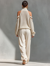 Women's Beige Knit Fabric Cold-Shoulder Turtleneck Top & Wide-Leg Pants Set MDZ0984A5T