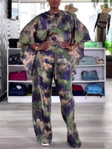 Printed Lace-up Shirt And Wide Leg Pants Suit-Shirt