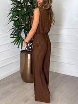 Unique Contrast Color Stitching Pleated Elastic Waist Jumpsuit