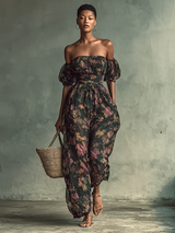 Women's Chiffon Floral Print Bandeau Short Sleeve Waist Jumpsuit MDA1152G0Y
