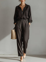 Women's Dark Grey Woven Jumpsuit With Contrast Stitching & Half-Zip Front, Timeless Minimalist Casual Style Jumpsuit MDZ0931B2I