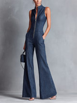 Women's Retro Style Dark Blue Denim Sleeveless High-Neck Flared Jumpsuit With Front Zipper MDZ1239B2BA