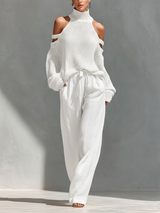 Women's Beige Knit Fabric Cold-Shoulder Turtleneck Top & Wide-Leg Pants Set MDZ0984A5T