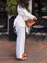 Minimalist Stand-up Collar Ribbon Back Lace-up Shirt and Wide Leg Pants Set-Shirt